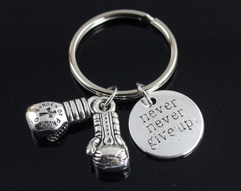 Never Never Give Up Keychain,Graduation keychain,Progress Keyring,Boxing Gloves Keychain,Boxing Mitts Gym Gifts,Boy friend gift