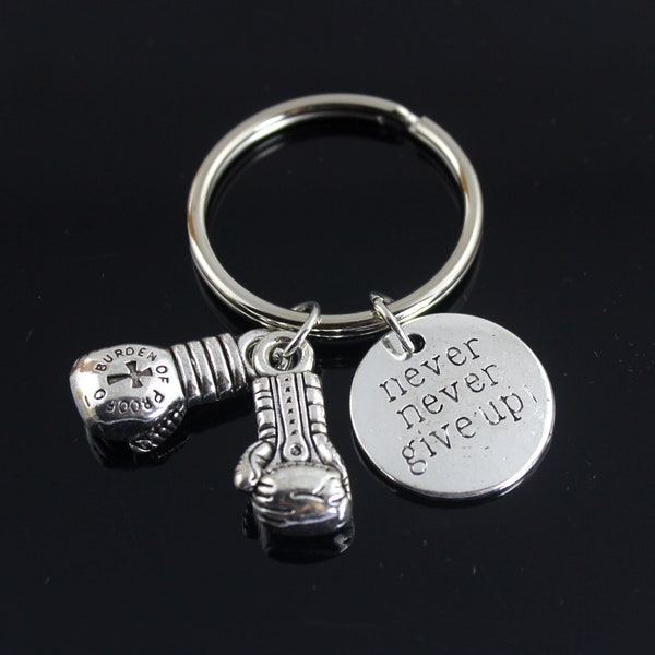 Never Never Give Up Keychain,Graduation keychain,Progress Keyring,Boxing Gloves Keychain,Boxing Mitts Gym Gifts,Boy friend gift