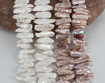 Natural Biwa Pearl Strand: Purple & White Stick Pearls, 15 Inches