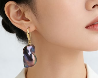 15-16X22-26mm Irregular Pearls,Baroque Pearl Earrings,Ear Hook Earrings,Black Large Peacock Earrings,Genuine Freshwater Pearl Jewelry
