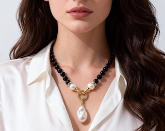 Black round agate Beading Necklace With white baroque pendant ,Three-in-one adjustable necklace, Handmade Necklace,Gift for Her