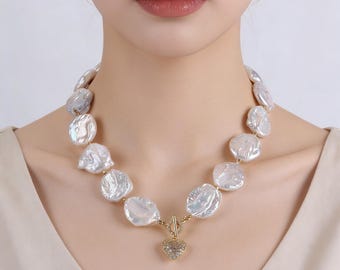 White Coin Pearl Necklace: Heart Clasp, Freshwater Pearl Choker