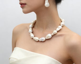 13-16x18-25mm White Pearl Necklace/Earrings,  Handmade Jewelry,Irregularly Shaped Pearl Jewelry,Wedding Gift,Bridesmaid Gift,Gift for Friend