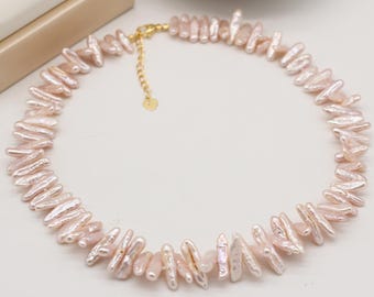 Natural Pink Biwa Pearl Necklace,Handmade Stick Pearl Necklace,Genuine Freshwater Pearl Choker,Gift for Her/Mom/Wife/Girlfriend