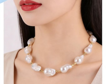 White/Grey/Purple/Black Baroque Pearl Necklace, Large Flameball Pearl Necklace, Pearl Choker, Golden Accessories, Unique Mother's Day Gift