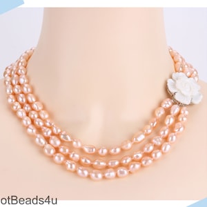 Pink Freshwater Pearl 3-Layer Necklace: White Flower Statement Jewelry