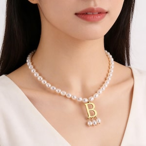 6-7mm Oval Rice Pearl Necklace, Custom Necklace Jewelry Gold Initial Pendent Pearl Necklace, Pearl Choker Necklace, Personalize Gift for her