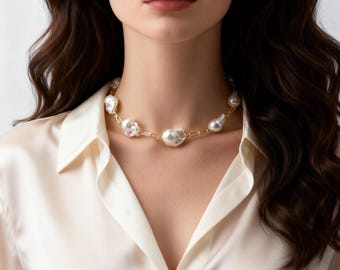 Natural white baroque with gold chian Necklace,Handmade Necklace, Simple pearl necklace, Gift for Her