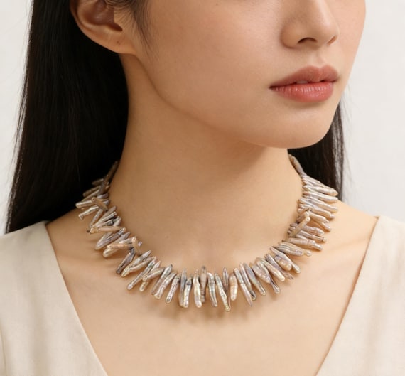 淡水パールネックレス　花びらケシパール　スティック型バロックパール　ネックレス 花びらケシパールネックレス スティックバロックパールネックレス 一連