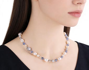 Pearls Choker Necklace, Freshwater Baroque Pearls Necklace, Two-Tone Pearl Necklace, White Gray Pearl Necklace, Pearl Necklace Gifts for Her