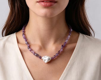 Purple Gemstone Amethyst Necklace with Large Baroque Pearl, Elegant Handmade Necklace for Anniversary Gift