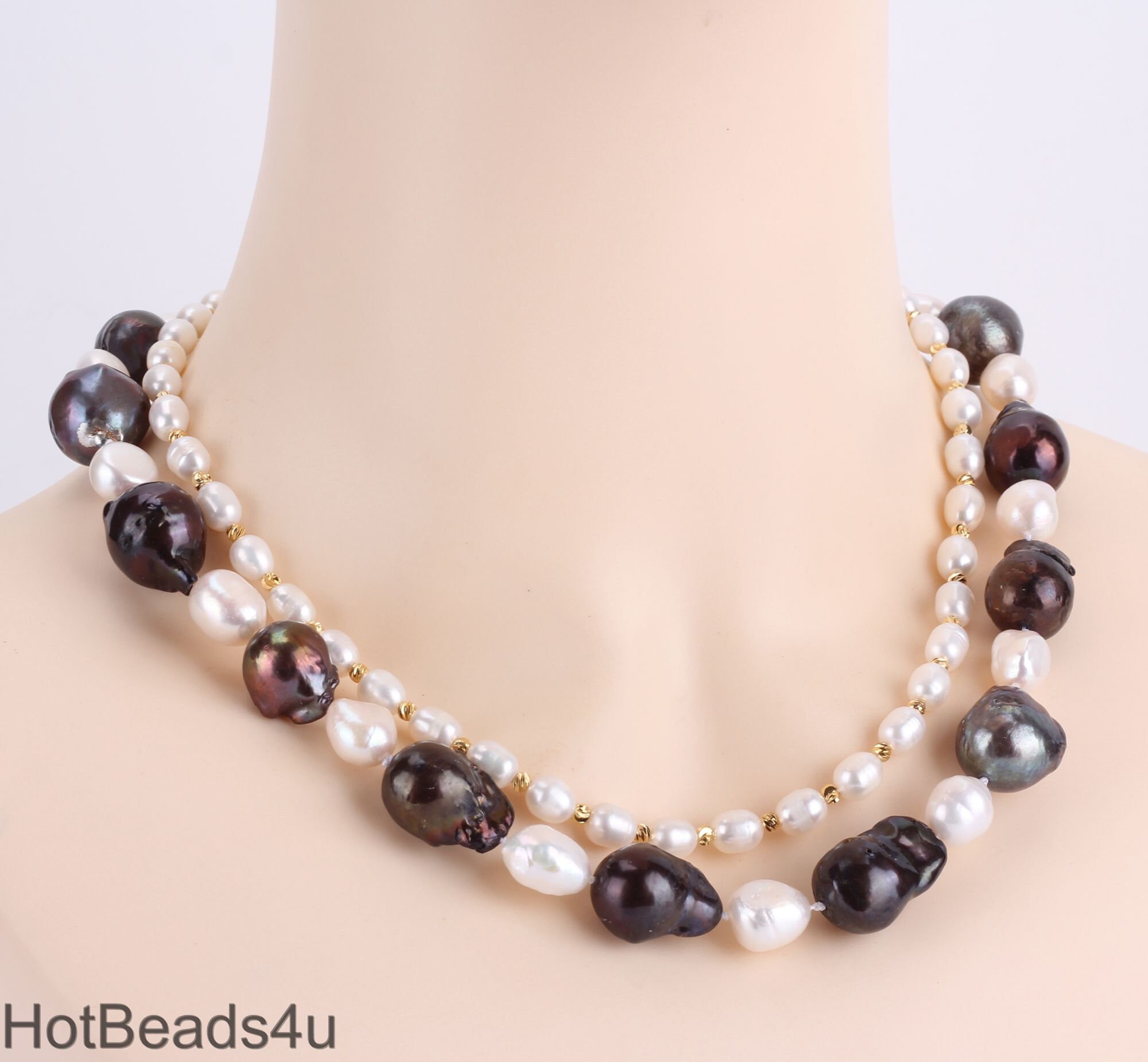 2 Rows Pearl Necklace, Black Baroque Pearls Necklace