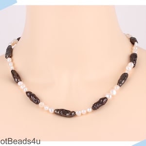 Pearl Jewelry Set, Black Biwa Pearl Necklace, Round White Pearls, Biwa Pearl Earrings Bracelet, White&Black Pearl Necklace, Handmade Jewelry