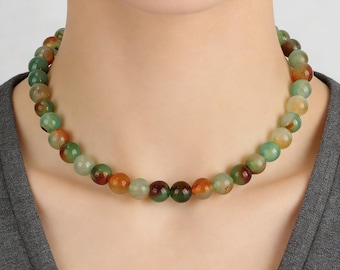 10mm Peacock Agate Necklace,Green Agate Beads Necklace,Nearly Round Gemstone Beading Necklace,Handmade Necklace,Gift for Her--STN00168