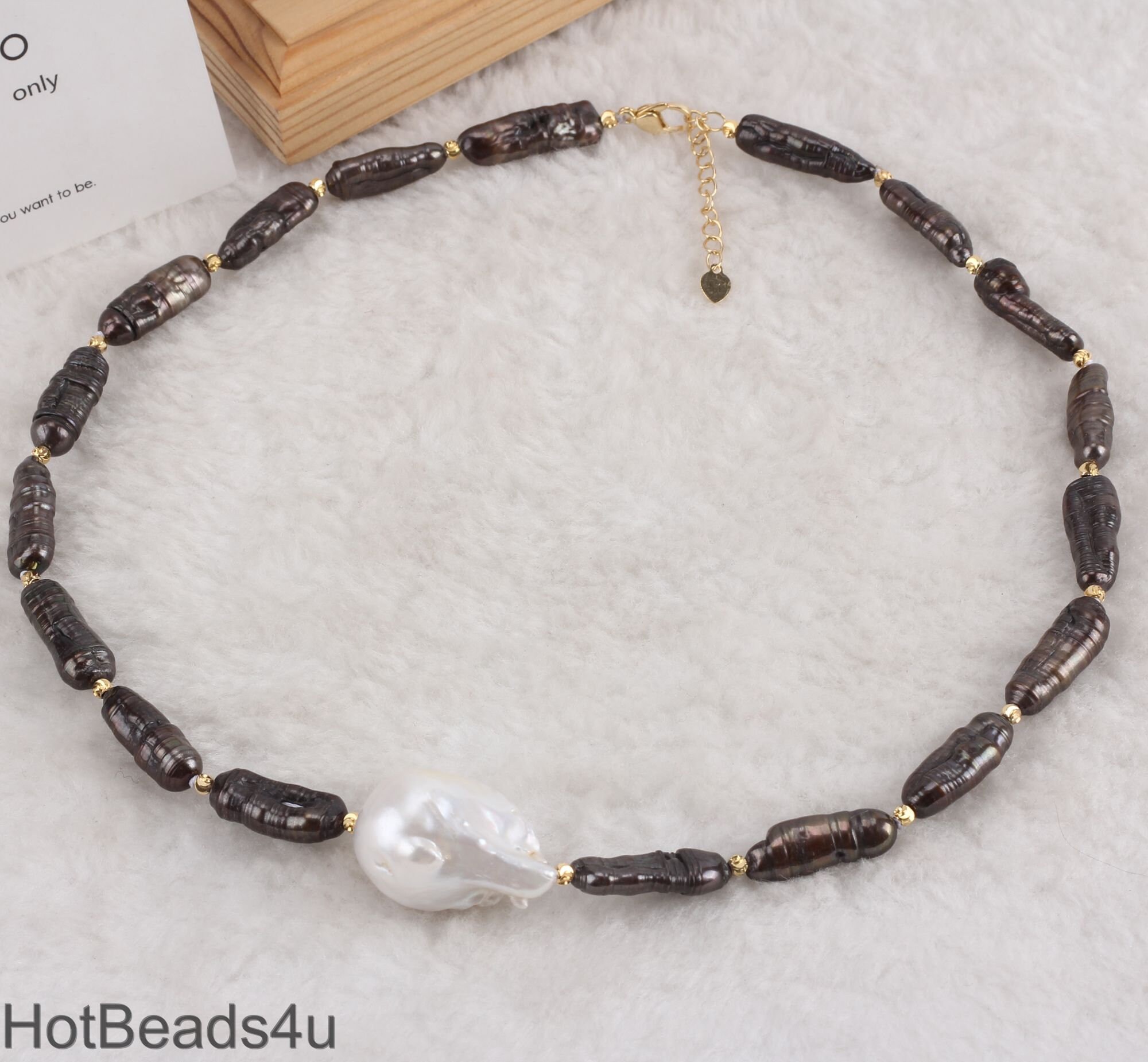 6-8x19-22mm Brown Biwa Pearl Necklace, Biwa Stick Pearl