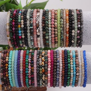 Pulsera elástica de 4 mm con cuentas de piedras preciosas/jade/turquesa/ágata, pulsera hecha a mano, pulsera elástica curativa, pulsera redonda de piedras preciosas, regalo para ella.