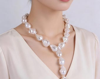 White Baroque Pearl Y Necklace: Freshwater Pearl Pendant