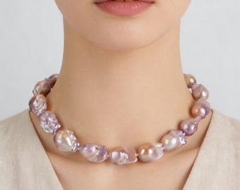 Natural Baroque Pearls Necklace,Elegant Mixed Color Pearl Necklace,Real Freshwater Pearl Necklace,Handmade Necklace, Christmas gift