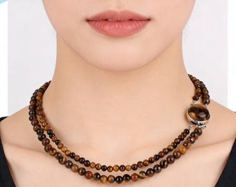 Yellow Tiger Eye Round Bead Necklace with Pendant
