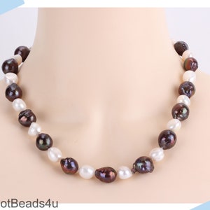 Genuine Freshwater Pearl Necklace, White Pearl Necklace, Peacock Black Baroque Pearl Necklace,Pearl Choker Wedding Jewelry,Handmade Necklace
