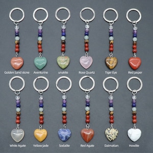 12Kinds of Gemstone Keychain,Hand Carved Heart shape Crystal Key Ring,Quartz Key Chain,Healing Crystal  Pendant Charms, Crystal  Gift-YS0011