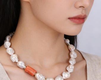 White Baroque Pearl and Red Coral Necklace: Knotted Gemstone Jewelry