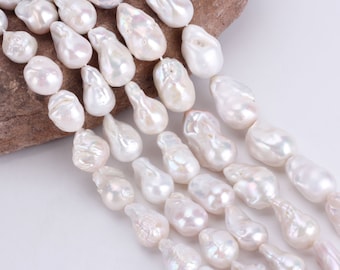 15-16x24-28 mm Perles baroques blanches naturelles lustrées, Perles d'eau douce naturelles, Fournitures de perles en vrac, Bijoux de mariage-15,5 pouces--YHZ002-13