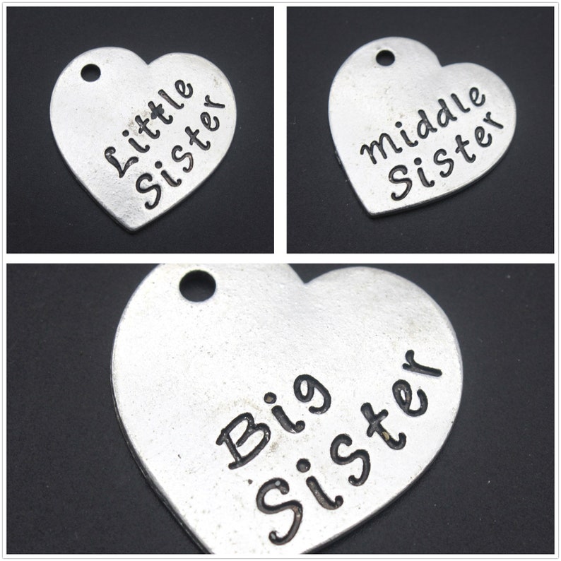 Heart Sister charm pendant,Big sister,Middle sister,Little sister charm,Family Charm,Silver word charm,Bulk charm--30x31mm-YF397-399 3pcs-