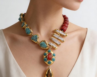Unique Red Coral Turquoise  Necklace,Water Drop Accessorie Pendnat Necklace,Handmade Necklace,Gift for Her