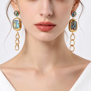 May include: Gold-toned drop earrings featuring a small circular stud with an iridescent inlay, a larger rectangular pendant with a shimmering abalone shell center, and a dangling three-link gold chain. The earrings have a polished metallic finish.