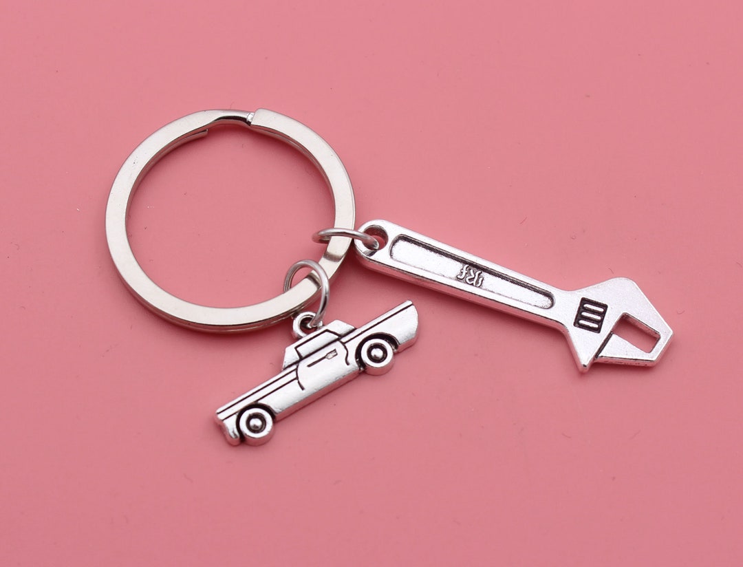 Wrench & Car Keychain, Silver Tone Mini Wrench Charm Keychain,spanner