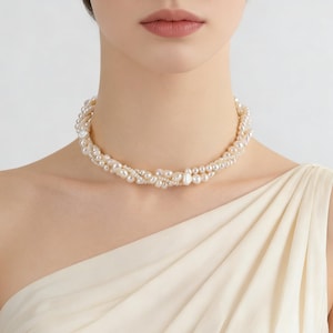 Gargantilla de perlas de agua dulce de tres hilos: collar de perlas blancas tipo pepita
