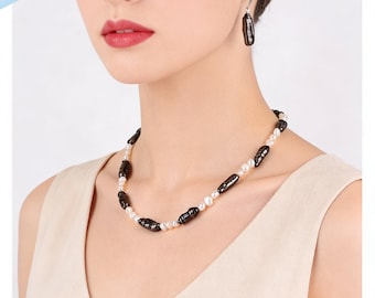 Black Biwa Pearl Necklace: White Round Pearl Jewelry Set