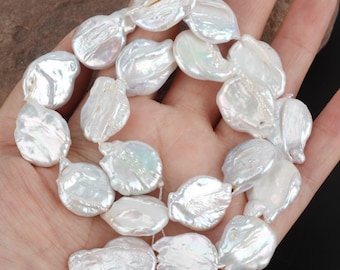 White Coin Pearl Strand: 15 Inch Flat Freshwater Pearls (18pcs)