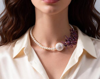 Purple Biwa and White Pearl Necklace, Handmade Colorful Choker, Birthday or Anniversary Gift for Her