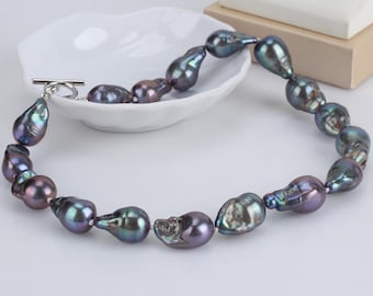 Handmade Peacock Black Baroque Pearl Necklace,Natural  Pearl Necklace,Freshwater Pearl Necklace for Women,Gift for Mom/Mother