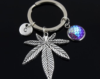 Pot Leaf Keychain, Marijuanna Keychain, Pot Leaf Charm Keychain, Initial  keychain, Leaf keychain,Handmade Jewelry