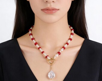 Irregular Shape Freshwater Pearl Necklace,Red Coral Necklace,White Coin Pearl Pendant Necklace, New year gift.