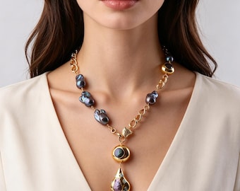 Iridescent Black Baroque Pearl Necklace, Gold Plated Encapsulated Pearls, Large Freeform Pearls, Vintage Style,Photoshoot Accessory
