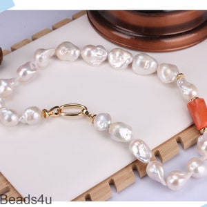 White Baroque Pearl and Red Coral Necklace: Knotted Gemstone Jewelry