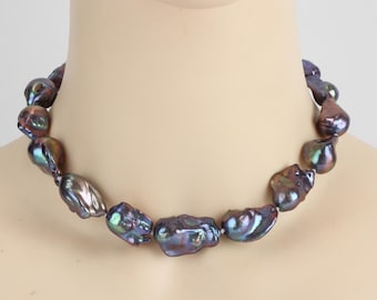 High Luster Peacock Black Freshwater Pearls Necklace,Teardrop Baroque Pearls,Big Nucleated Fireball Pearl,Pearl  Design，Gift for Women