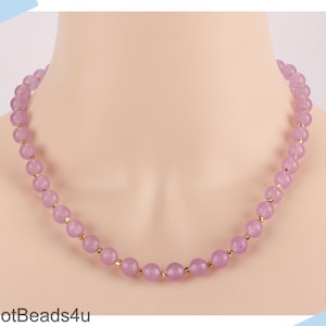 8mm Light Purple Chalcedony Necklace, Pretty Chalcedony Necklace, Necklace Gift for Women, Wedding Necklace, Gold Spacer Beads, Gift for Her