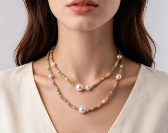 Double Strand Rainbow Stone and Shell Pearl Necklace, Bohemian Layered Choker for Daily Wear & Party Outfit