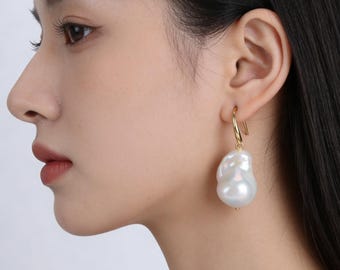 White Large Irregular Baroque Pearl Earrings,Natural Freshwater Pearls,Flame Ball Earrings ,Wedding Earrings,Bridesmaid's gift,Gift for her