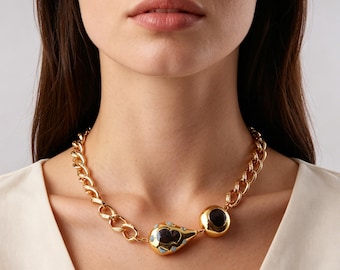Vintage Gold Filled Chunky Choker, Gold Wrapped Black Beads, Eye-catching Jewelry for Special Event