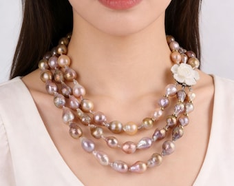 3 Layers Baroque Pearl Necklace, Pink Pearl Necklace, White Flower Clasp Necklace, Statement Necklace, Wedding Jewelry Necklace,Gift for Mom