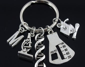 Microscope Keychain,DNA Keychain, Science Keychain, DNA Gifts, Botanist Gift, Science Teacher Gift, Lab Tech Keychain, initial keychain