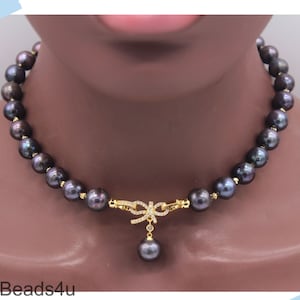 10-12mm Black Freshwater Pearls Necklace, Round Pearl Pendant Necklace & Bracelet, Peacock Black Pearls Choker, Gifts for her, Craft Jewelry