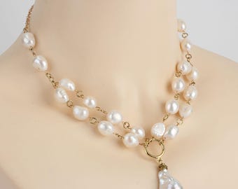 Collier Double Rang Perles Blanches Et Or - Bijou Vintage élégant, Occasion