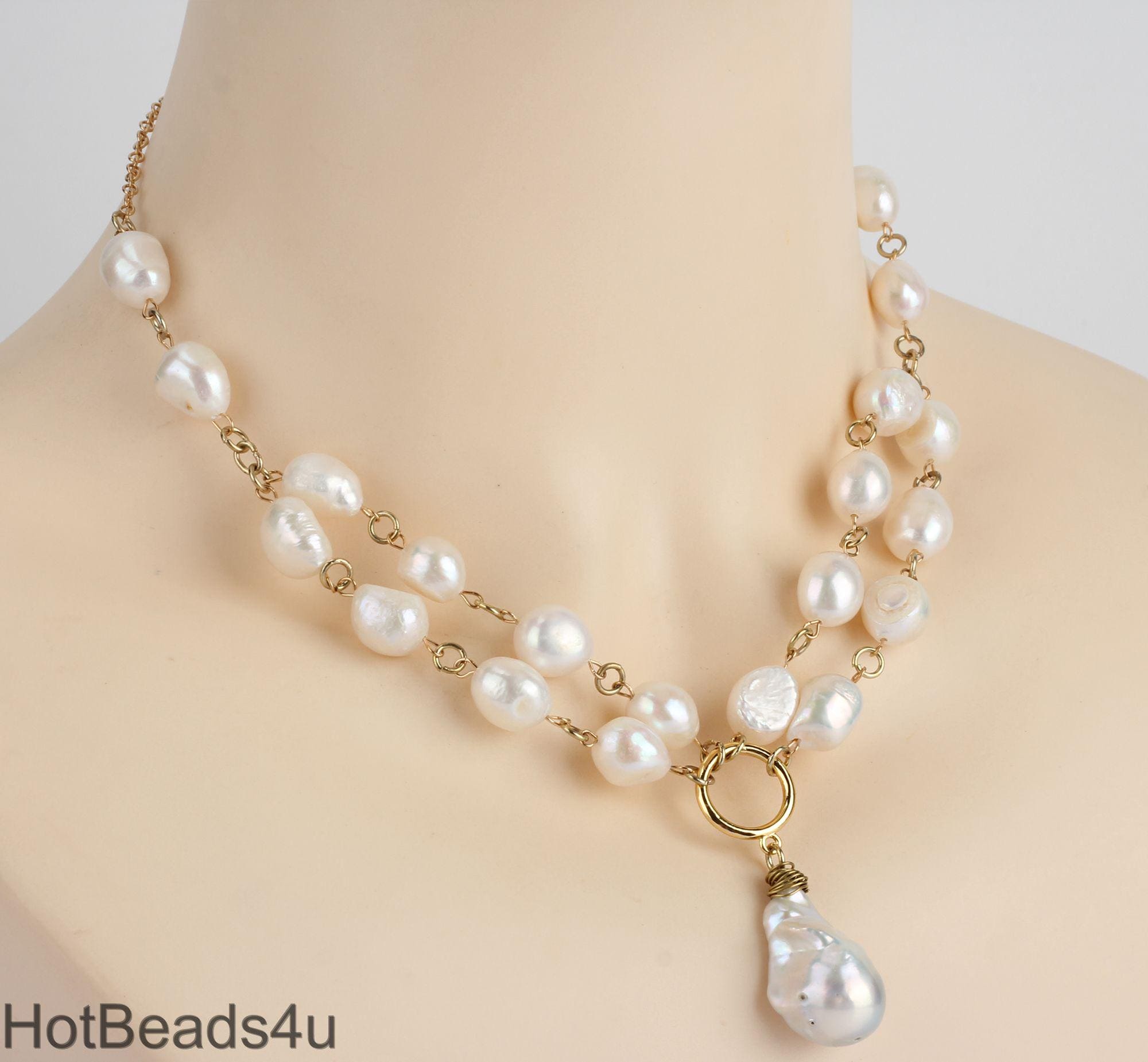 Collier Argent 925 Avec Perles De Culture Baroques Doubles 15x7 Mm - Neuf